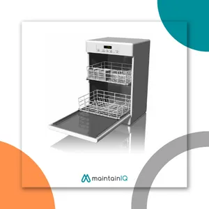 Dishwasher with its door open and two racks pulled out