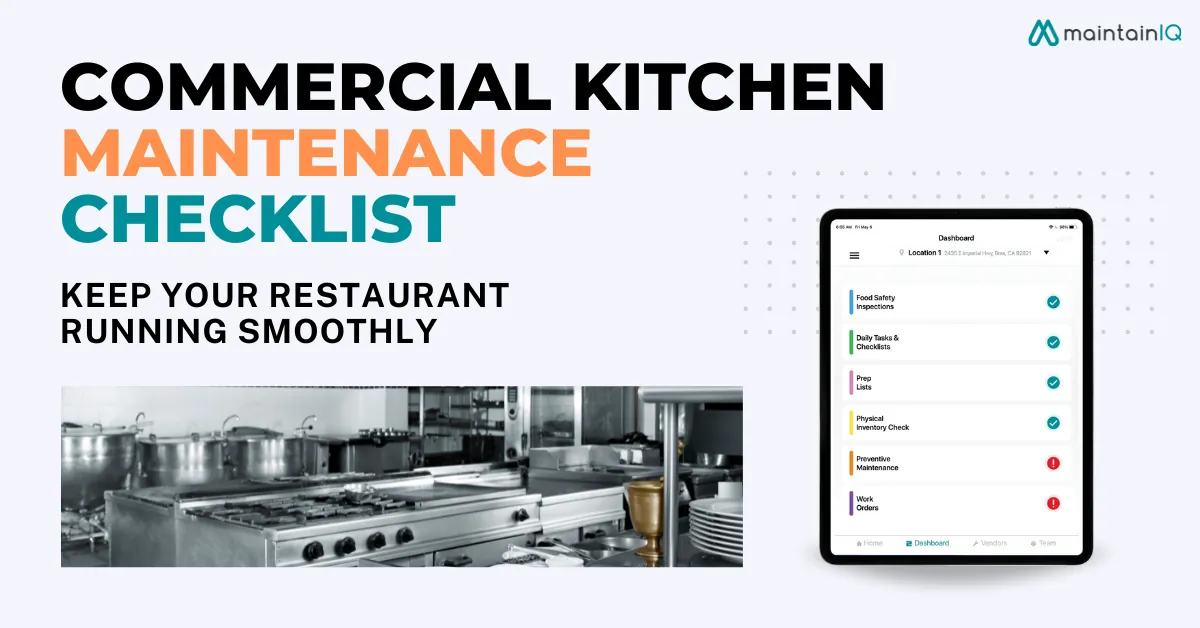 Commercial kitchen maintenance checklist cover showing a stainless steel cook line and a tablet app