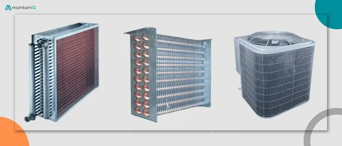 Three types of condenser coils: a finned coil with copper tubing, a coil with exposed copper bends and an outdoor AC condenser unit