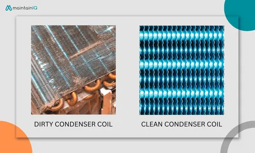 A dirty condenser coil clogged with dust next to a clean condenser coil with open fins