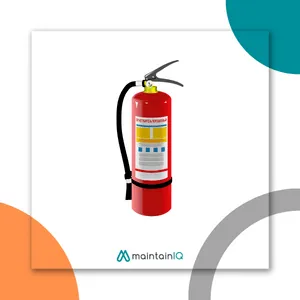 Red fire extinguisher with a hose and an instruction label