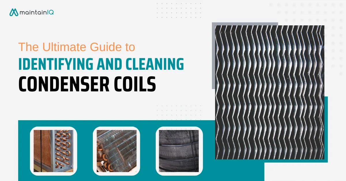Close-up of the thin metal fins of a condenser coil beside the title The Ultimate Guide to Identifying and Cleaning Condenser Coils