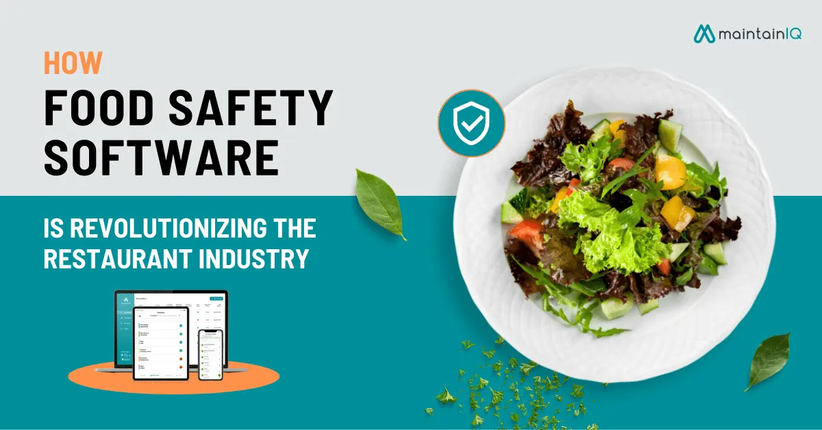 Salad plate beside a laptop, tablet and phone running food safety software, with the title How Food Safety Software Is Revolutionizing the Restaurant Industry