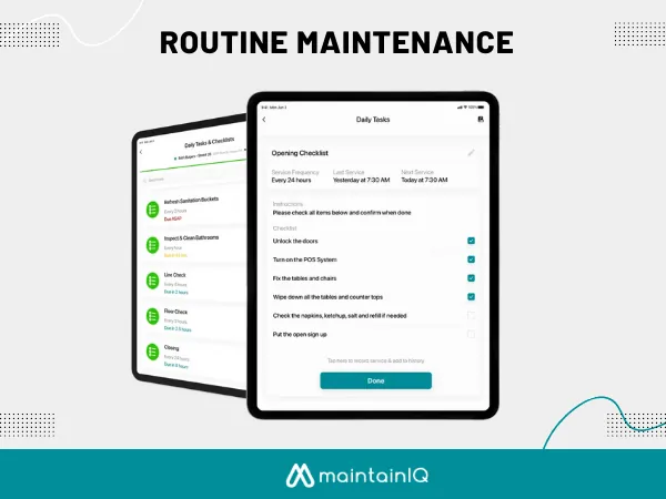 Two tablets showing a daily task list and an opening checklist for routine maintenance
