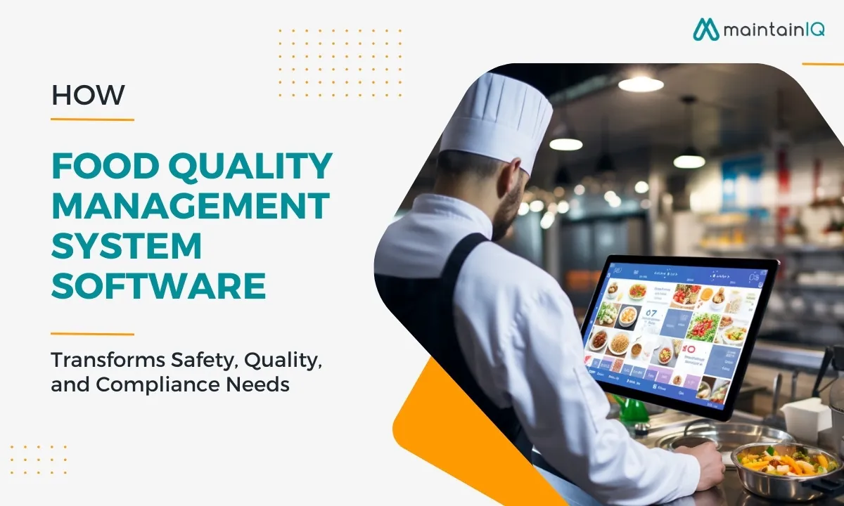 Chef in a commercial kitchen using a touchscreen to manage food quality and safety tasks