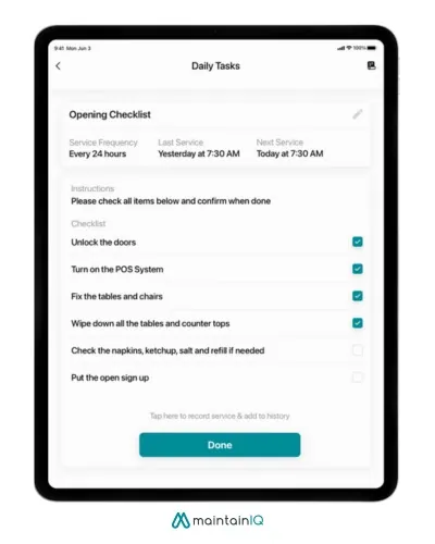 Opening checklist on a tablet with tasks like unlocking the doors and wiping down tables ticked off
