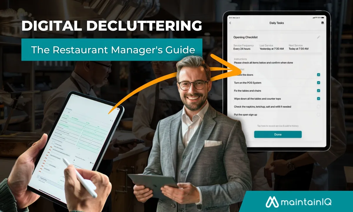 Smiling restaurant manager holding a tablet next to an opening checklist on screen, with the title Digital Decluttering, The Restaurant Manager's Guide