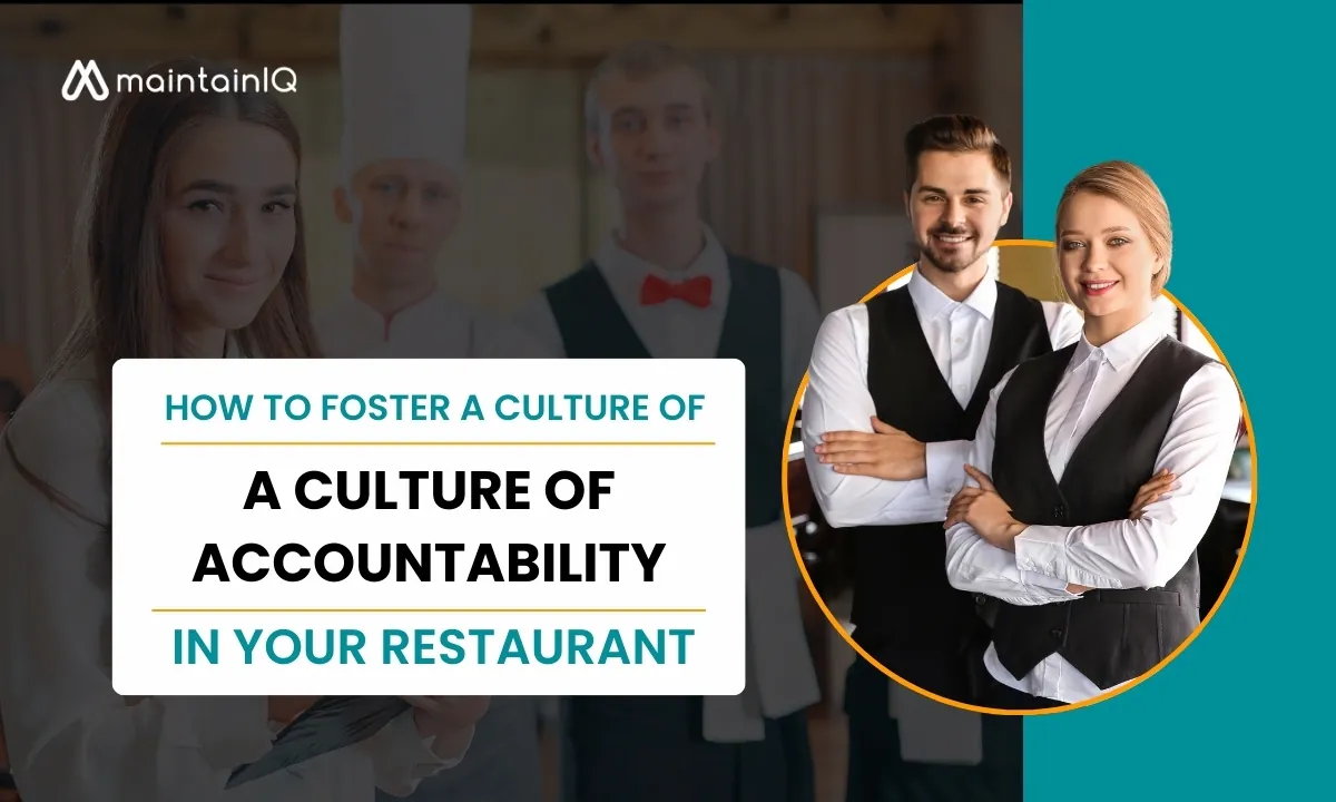 Smiling restaurant manager and server in uniform next to the title How to Foster a Culture of Accountability in Your Restaurant