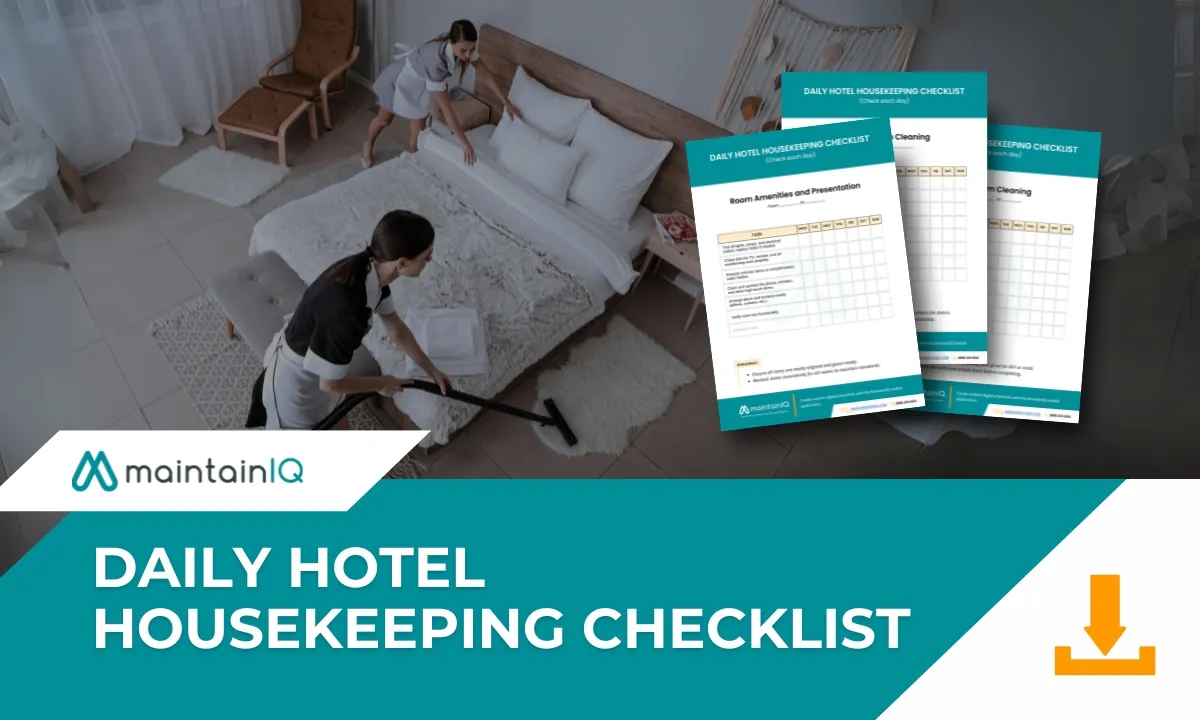 Two housekeepers making a bed and vacuuming a hotel room, next to pages of the printable daily hotel housekeeping checklist