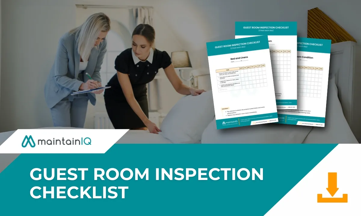 Hotel supervisor with a clipboard inspecting a bed while a housekeeper straightens the pillows, next to pages of the guest room inspection checklist PDF