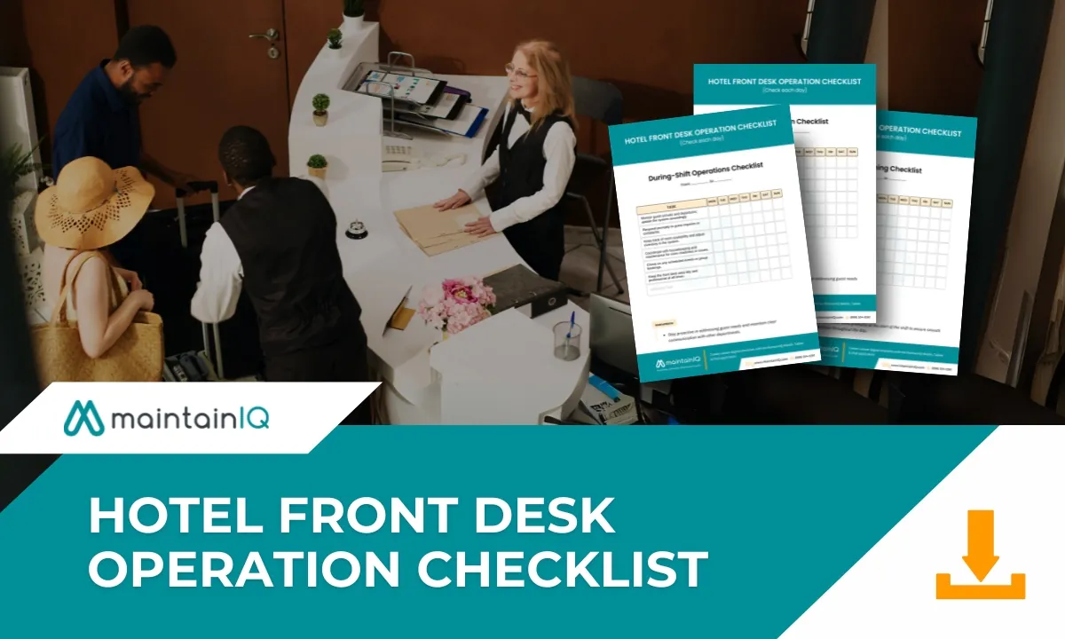 Front desk agent greeting arriving guests at a hotel reception desk, next to pages of the printable front desk operation checklist