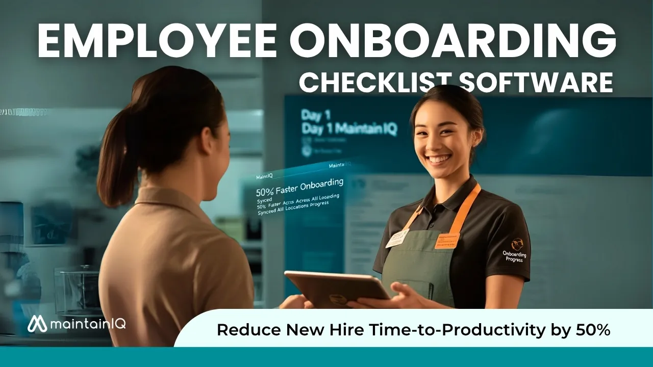 Manager onboarding a new restaurant employee with a tablet, under the title Employee Onboarding Checklist Software