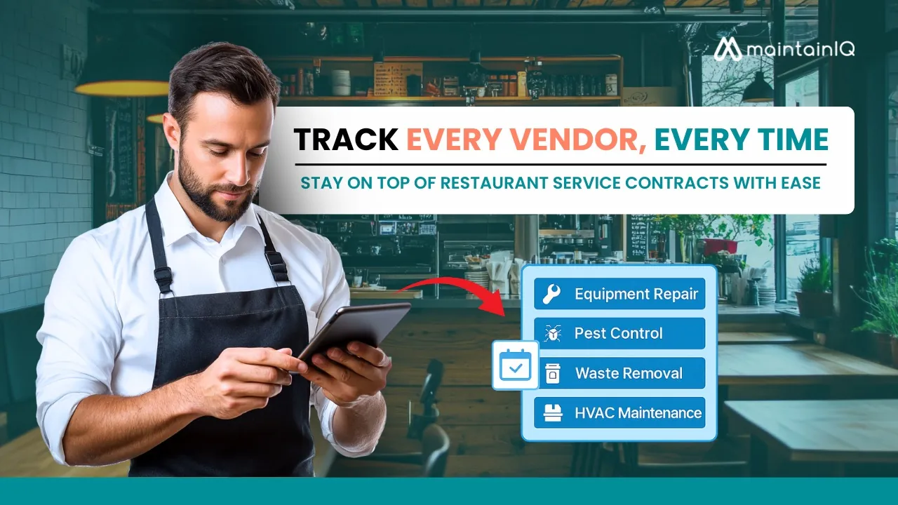 Restaurant manager checking a tablet with scheduled vendor services for equipment repair, pest control, waste removal and HVAC maintenance