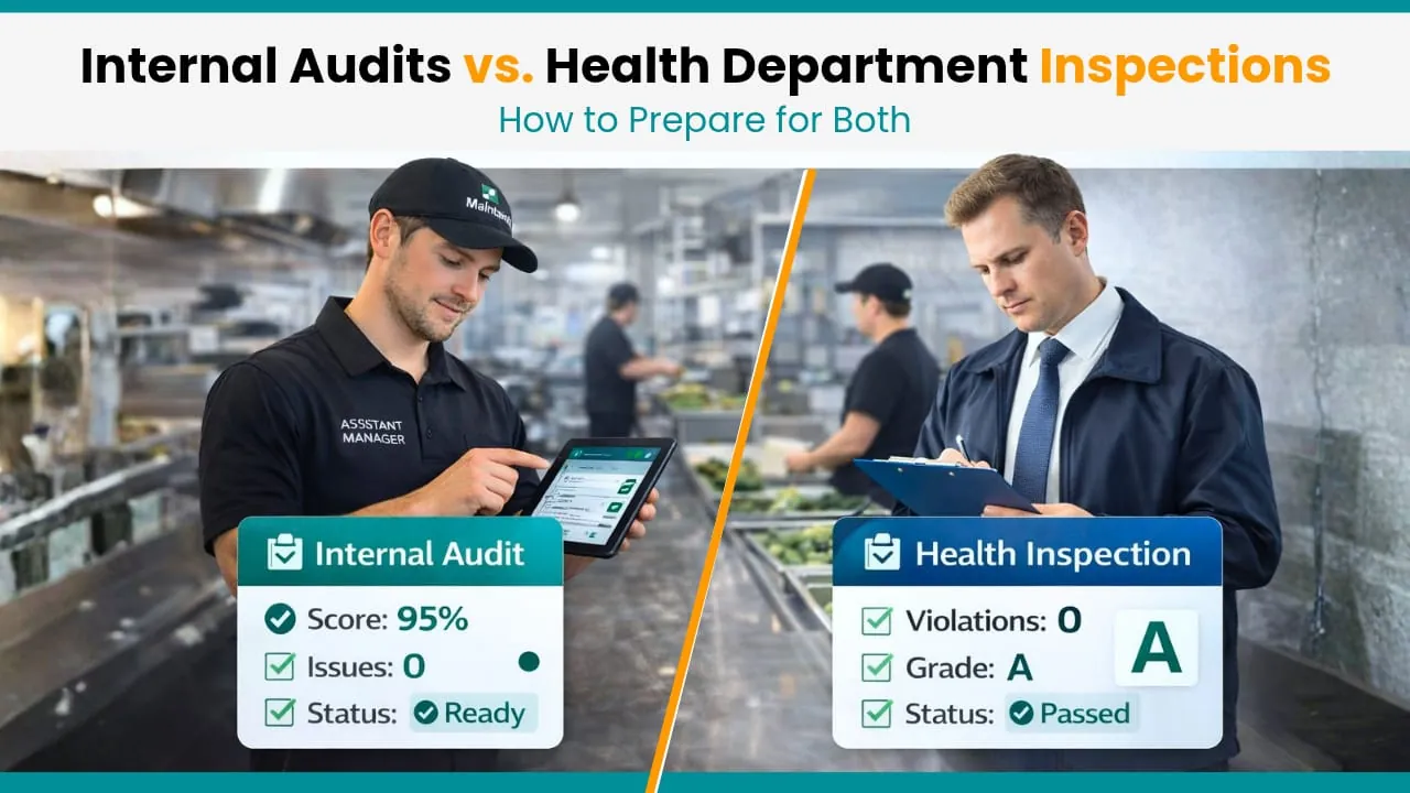Assistant manager running an internal audit on a tablet next to a health inspector with a clipboard in a commercial kitchen