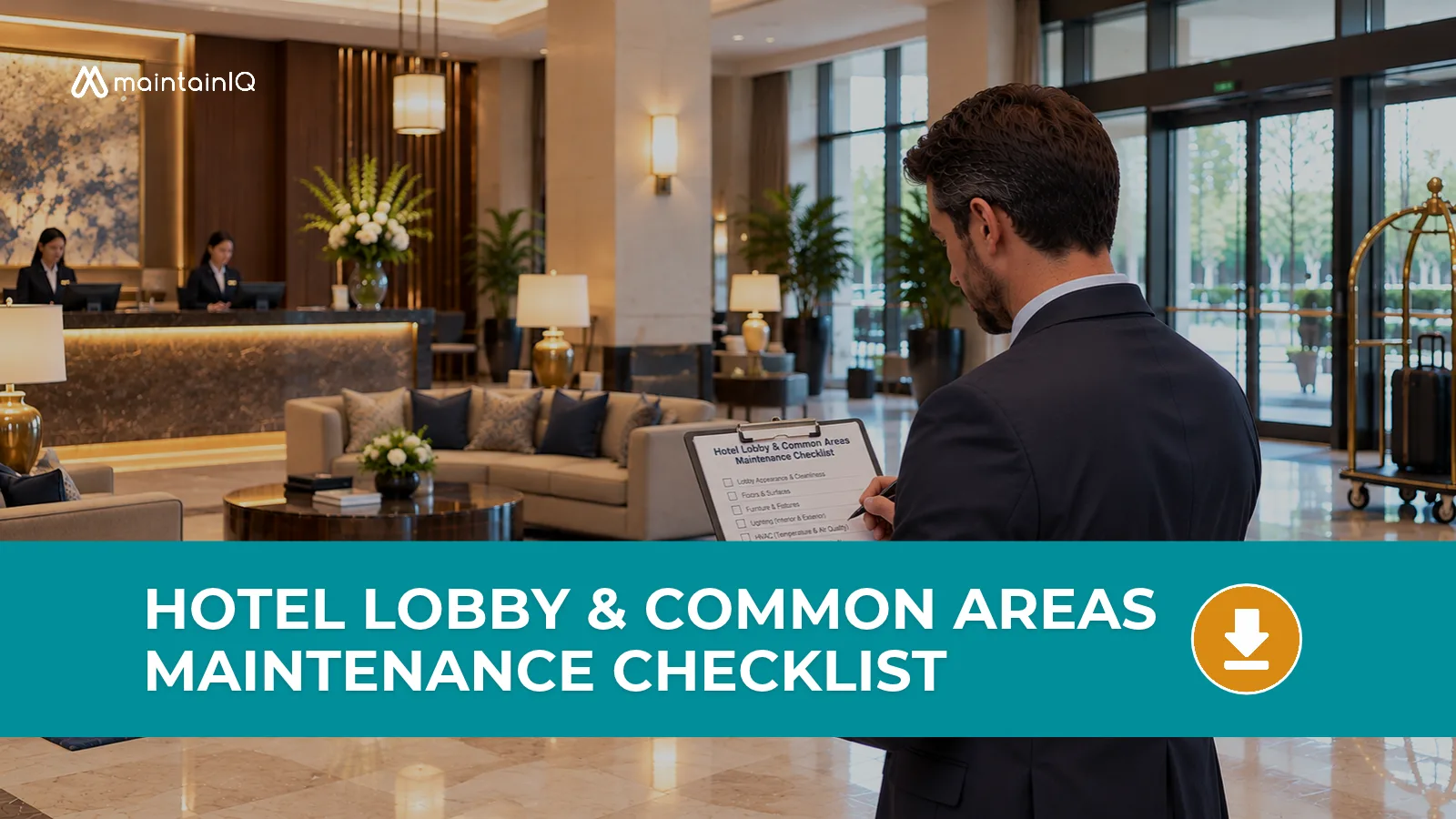 Hotel manager filling in a lobby and common areas maintenance checklist on a clipboard in a hotel lobby