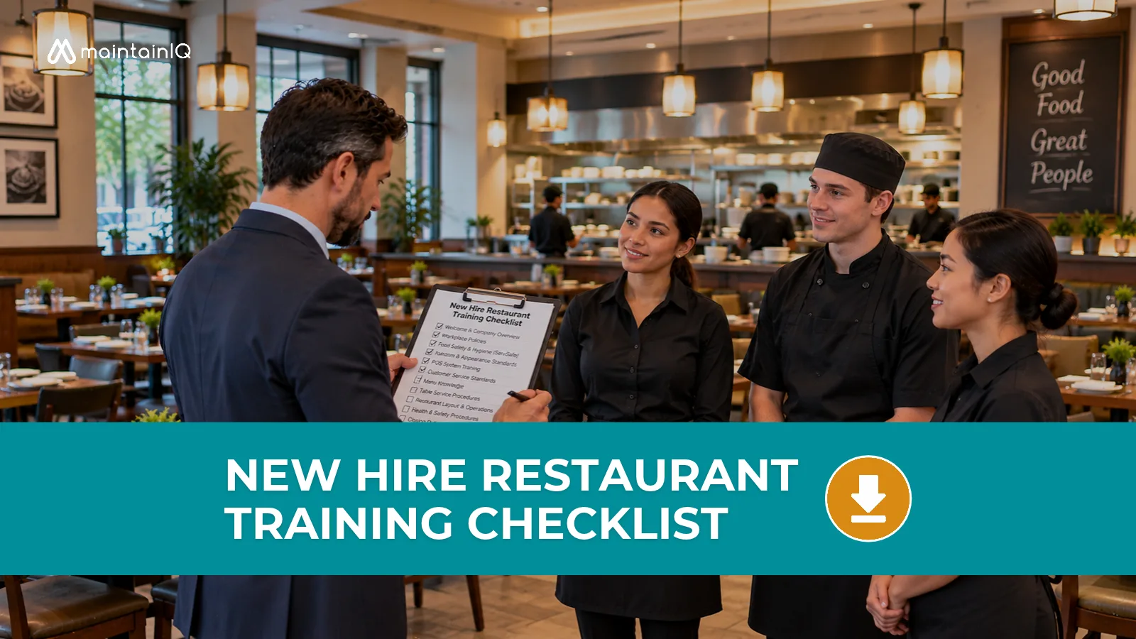 Restaurant manager with a training checklist on a clipboard talking with three new hires in a dining room