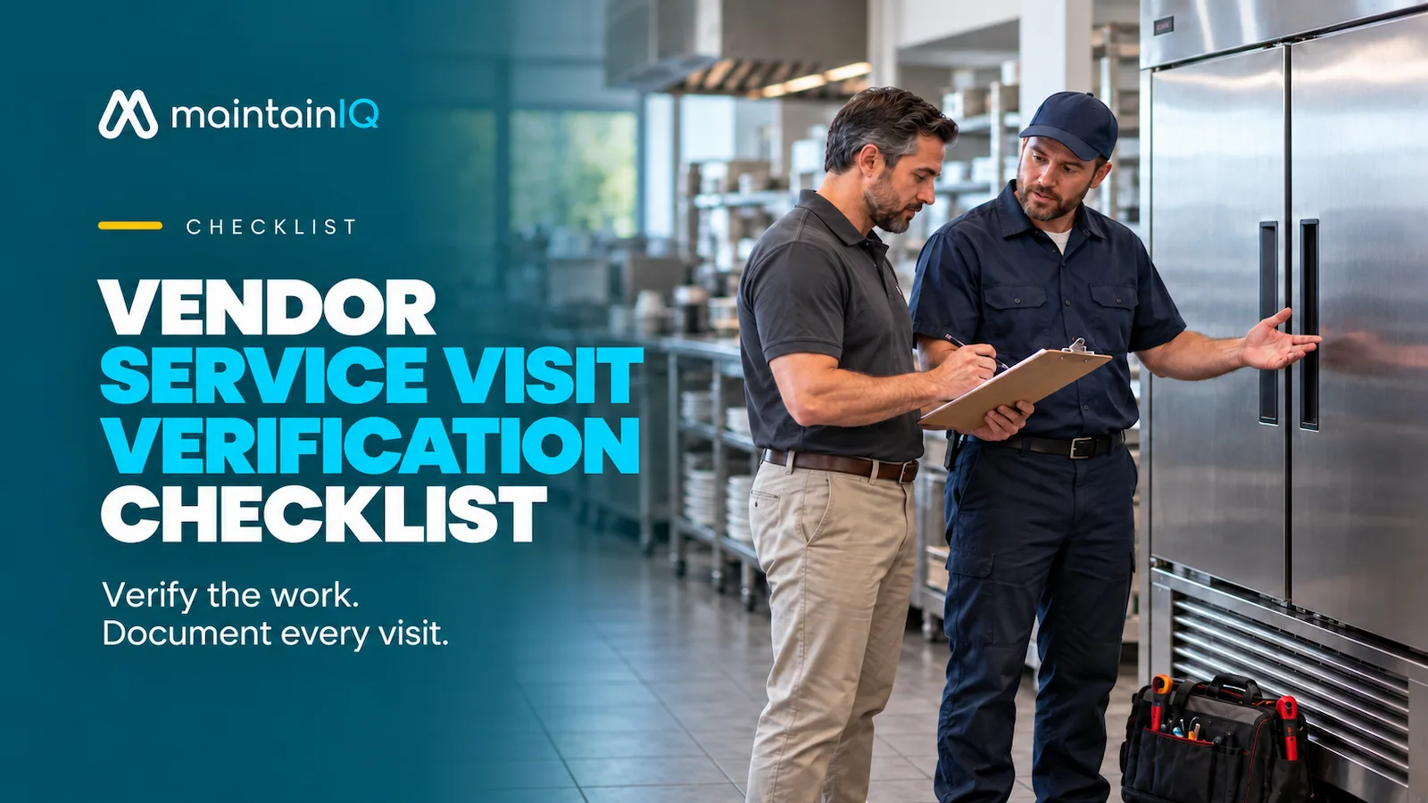 Facility manager with a clipboard checking a refrigeration technician's work beside a commercial reach-in cooler