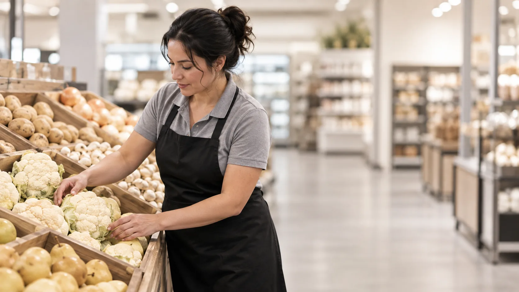 Grocery employee arranging produce