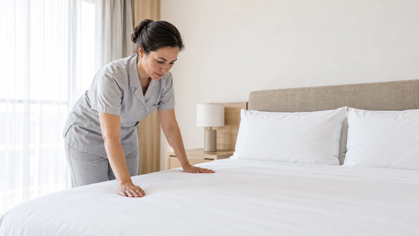 Housekeeper making a hotel bed