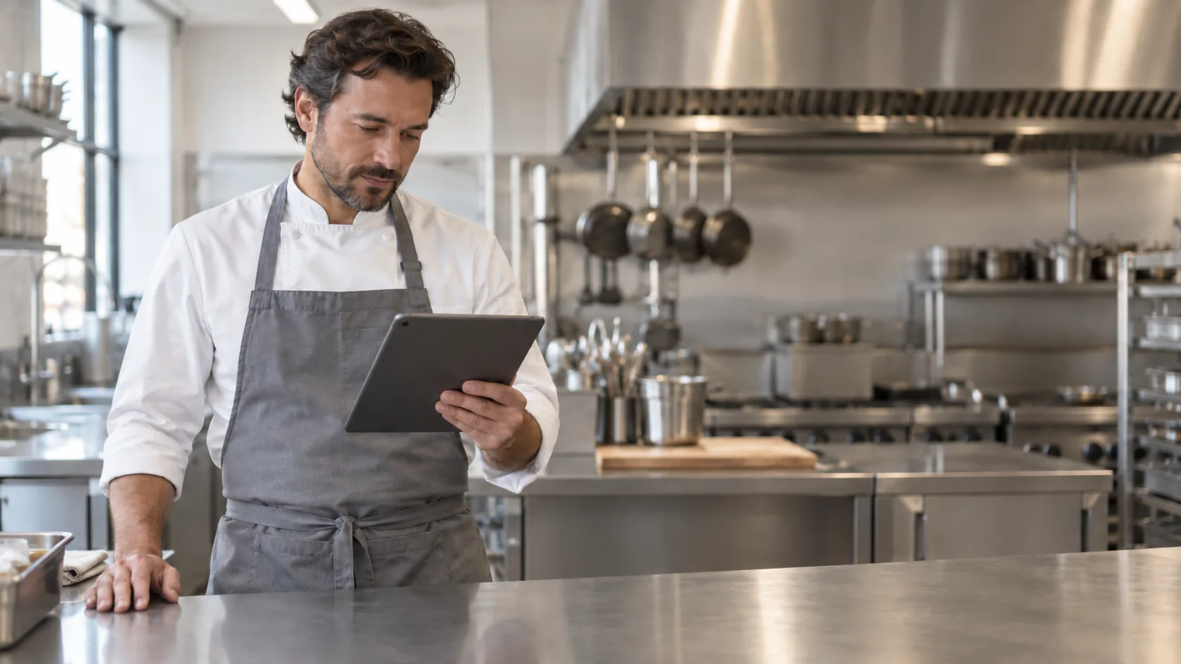 Chef checking a tablet in a restaurant kitchen