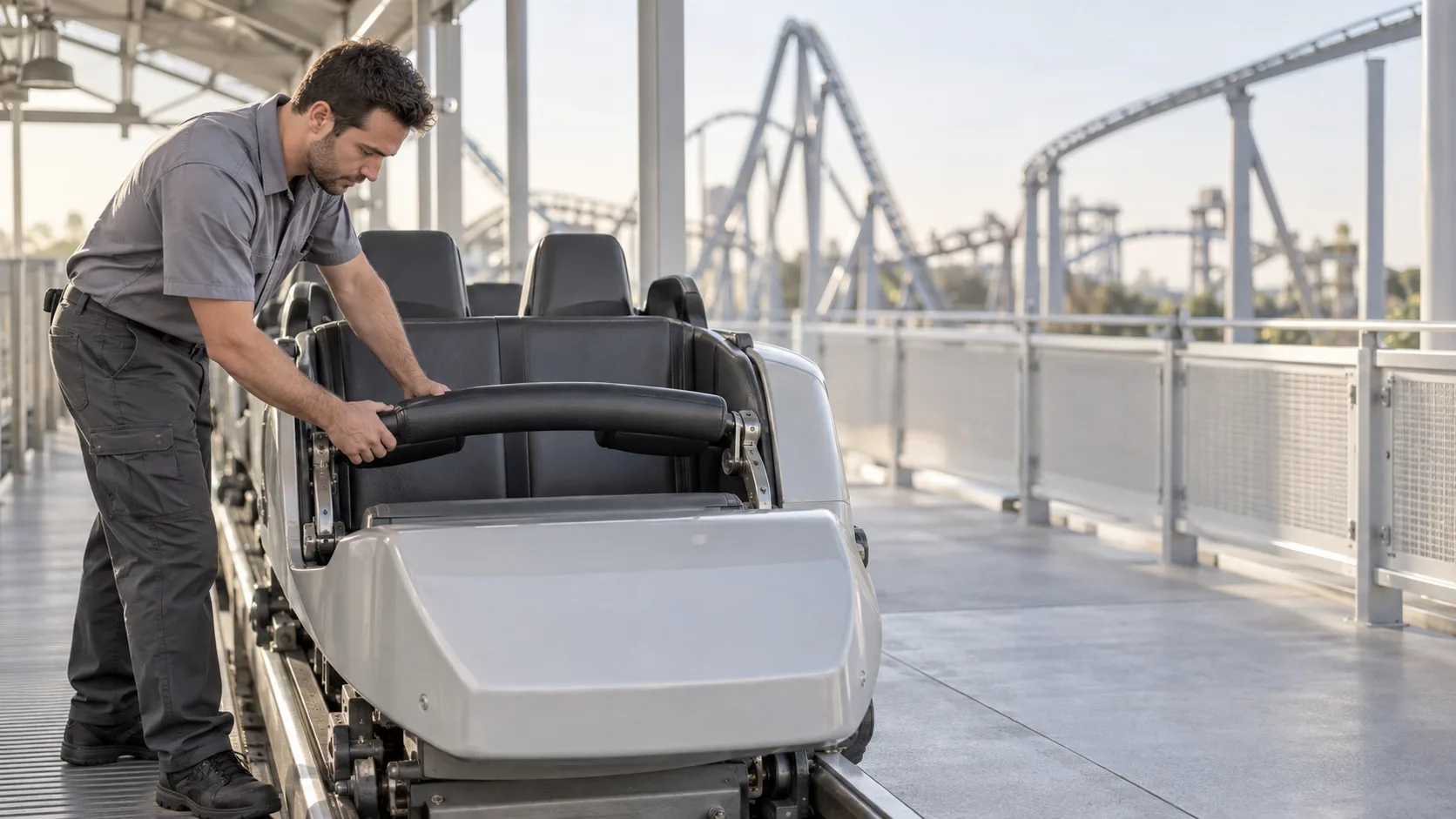 Maintenance worker checking a roller coaster car