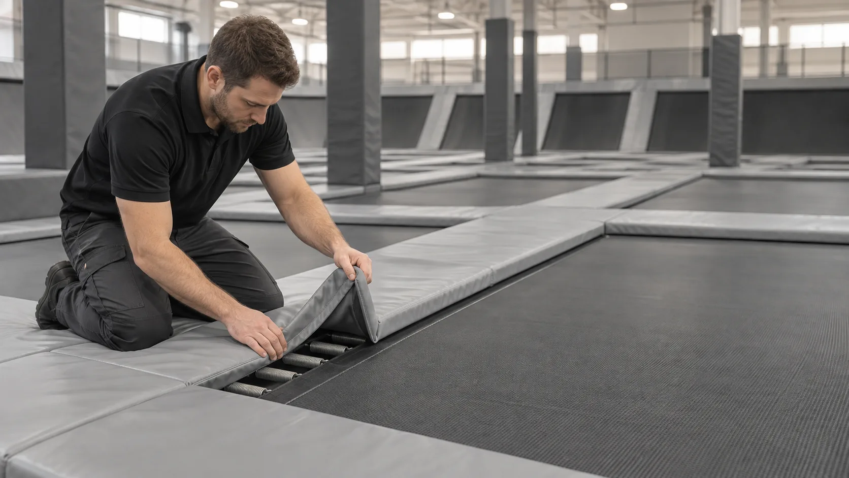 Staff member checking the padding on a trampoline court